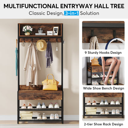Tribesigns Coat Rack Shoe Bench, Entryway Hall Tree with Drawer & Hooks Tribesigns, 6