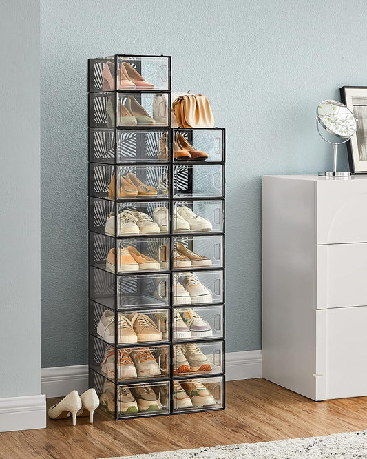 Clear Shoe Boxes, Set of 18 Shoe Storage Organsiers, Stackable, Breathable, and Foldable, for Max. UK Size 11, 1