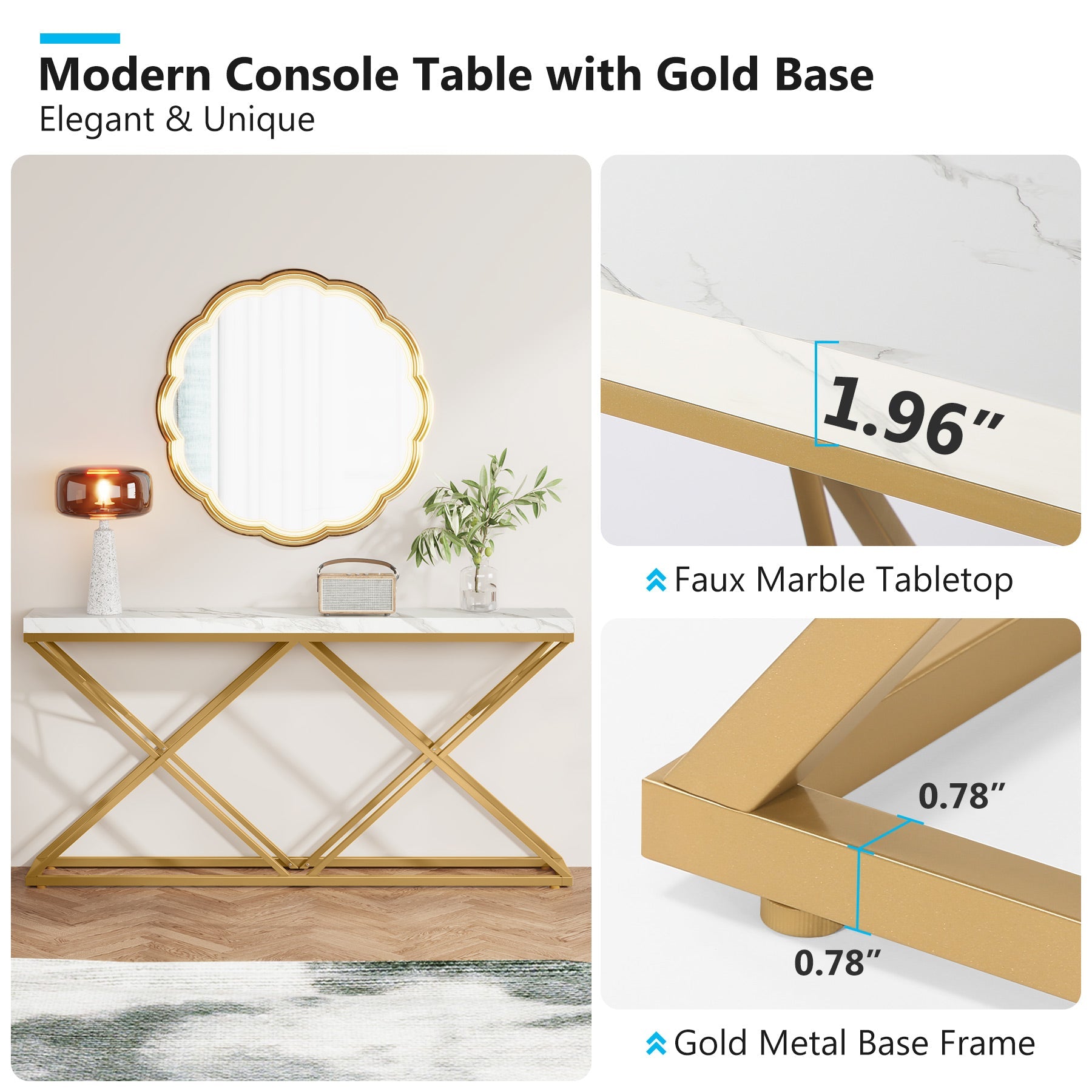 Console Table, 55", Console Table for Hallway, Modern Entryway Sofa Table with  Gold Metal Legs, White & Gold, Tribesigns, 5