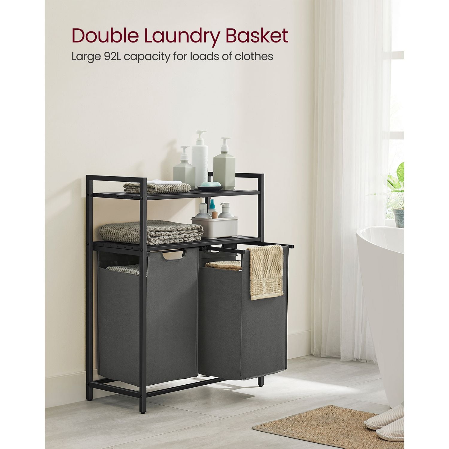 Laundry Basket, Laundry Hamper, Laundry Sorter with 2 Pull-Out and Removable Bags, 2 Shelves, 92L Capacity, VASAGLE, 3