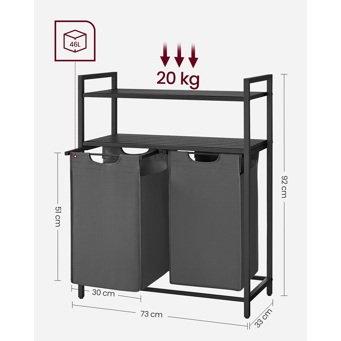 Laundry Basket, Laundry Hamper, Laundry Sorter with 2 Pull-Out and Removable Bags, 2 Shelves, 92L Capacity, VASAGLE, 6