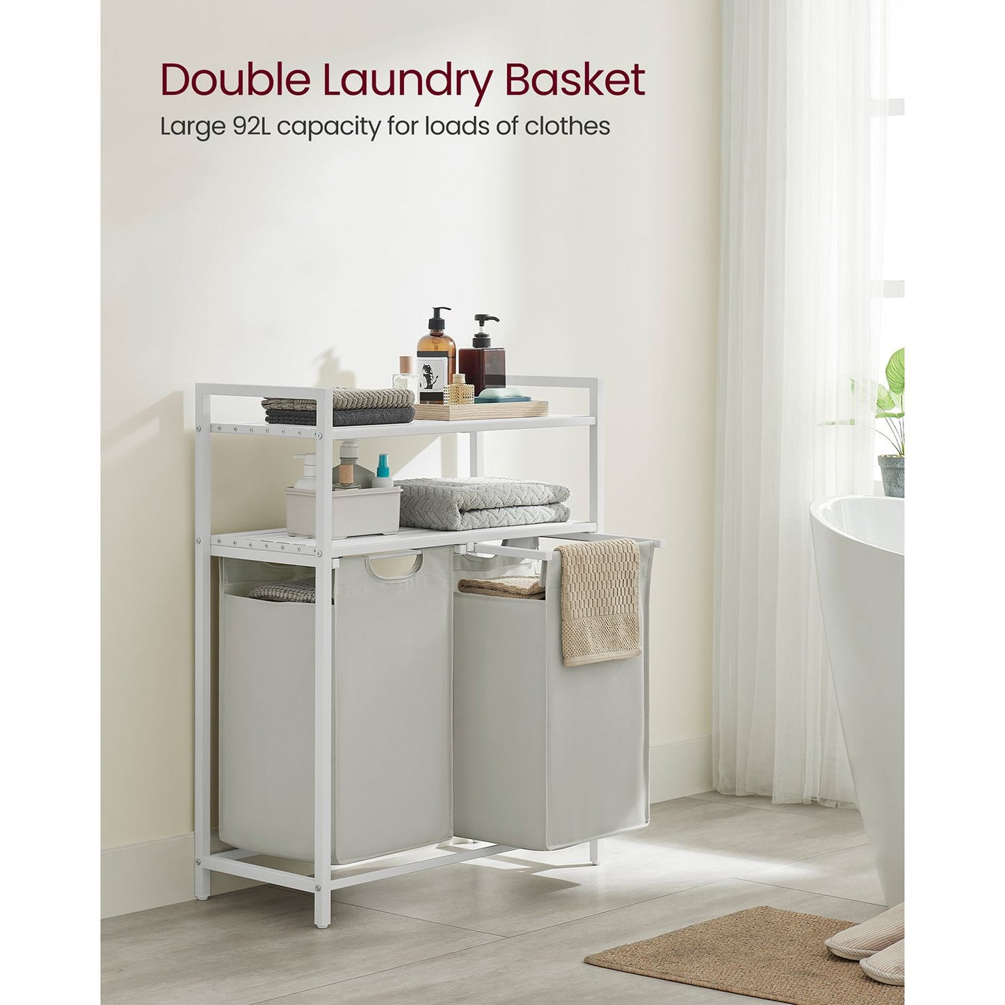 Laundry Basket, Laundry Hamper, Laundry Sorter with 2 Pull-Out and Removable Bags, 2 Shelves, 46L Capacity per Bag, 3