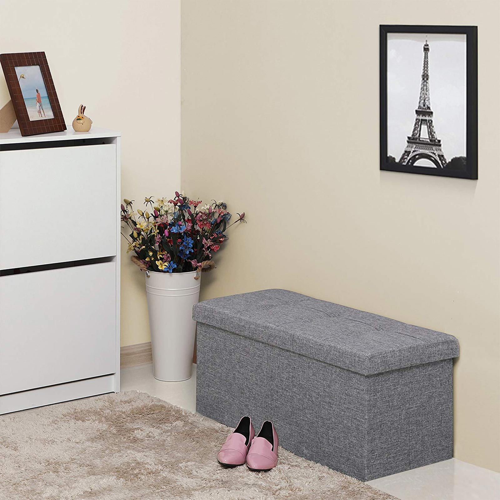 Ottoman Storage Chest Folding Toy Box Versatile Space-saving Light grey 76 x 38 x 38 cm Linen Fabric, 2