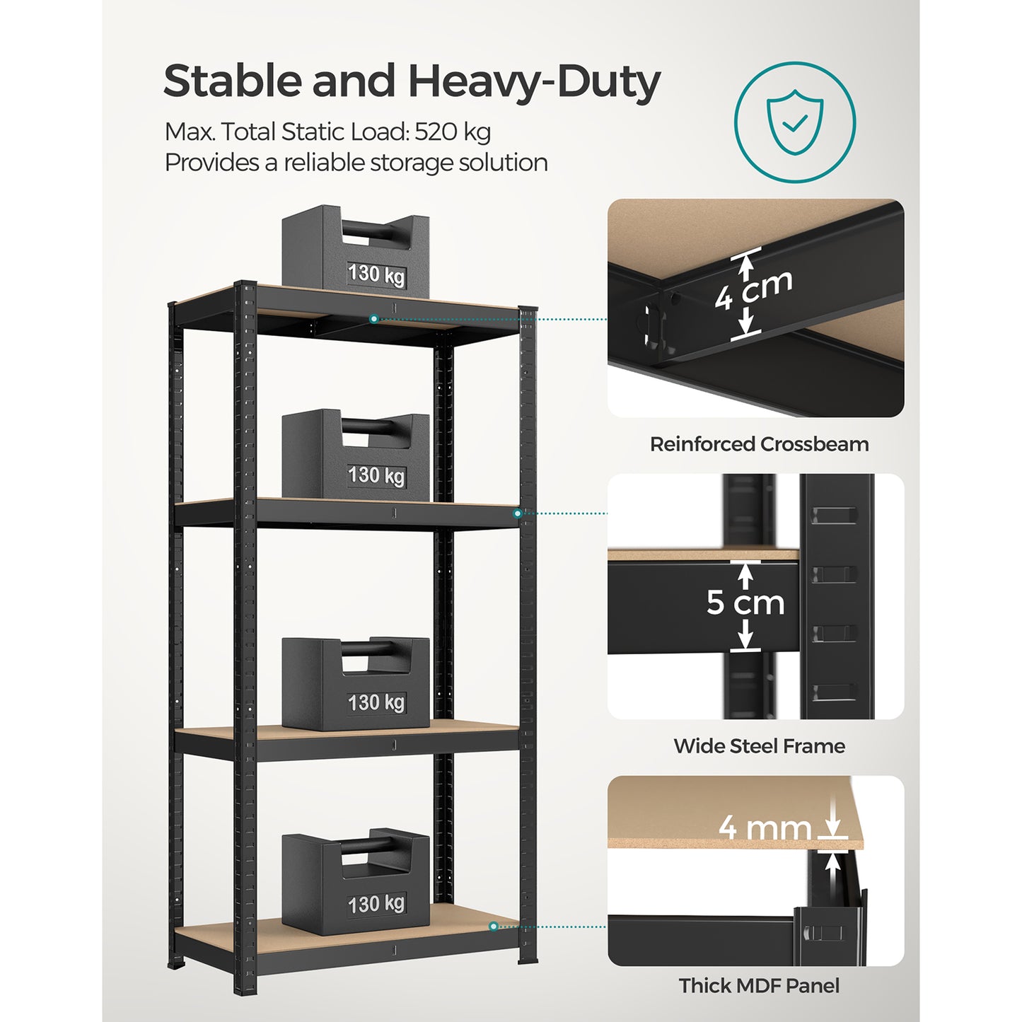 161 x 80 x 40 cm Heavy-Duty Shelving Rack, 520 kg Capacity, Boltless Steel Shelves, Blue, SONGMICS, 2