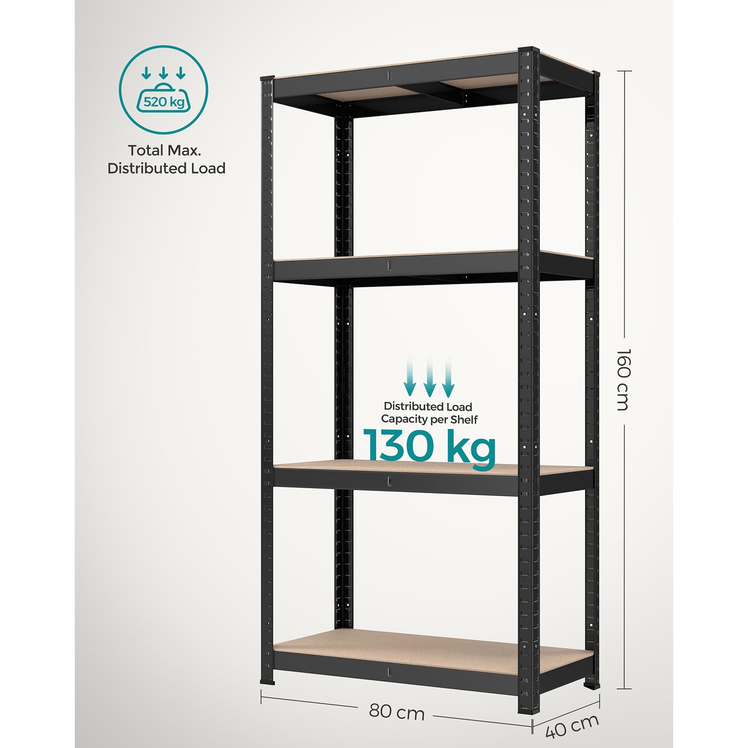 165 x 80 x 40 cm Heavy-Duty Shelving Rack, 520 kg Capacity, Boltless Steel Shelves, Blue, SONGMICS, 6