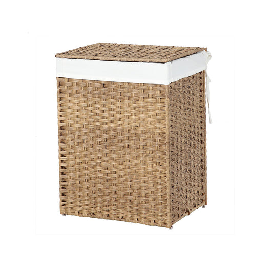 Handwoven Laundry Basket, 90L Synthetic Rattan Wicker Clothes Hamper with Lid and Handles, Foldable, Removable Liner Bag, 1