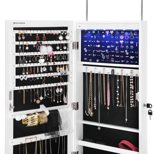 LED Jewellery Cabinet, Mirrored Jewellery Armoire, Lockable, Mounted Jewellery Organiser with 2 Drawers. Songmics, 1