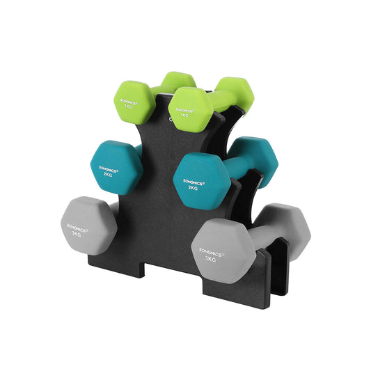 Hex Dumbbells Set with Stand - 2 x 1 kg, 2 x 2 kg, 2 x 3 kg, Lime, Teal and Grey, Neoprene Matte Finish, SONGMICS, 1