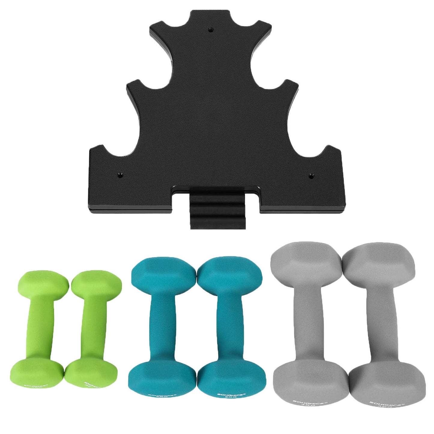 Hex Dumbbells Set with Stand - 2 x 1 kg, 2 x 2 kg, 2 x 3 kg, Lime, Teal and Grey, Neoprene Matte Finish, SONGMICS, 2