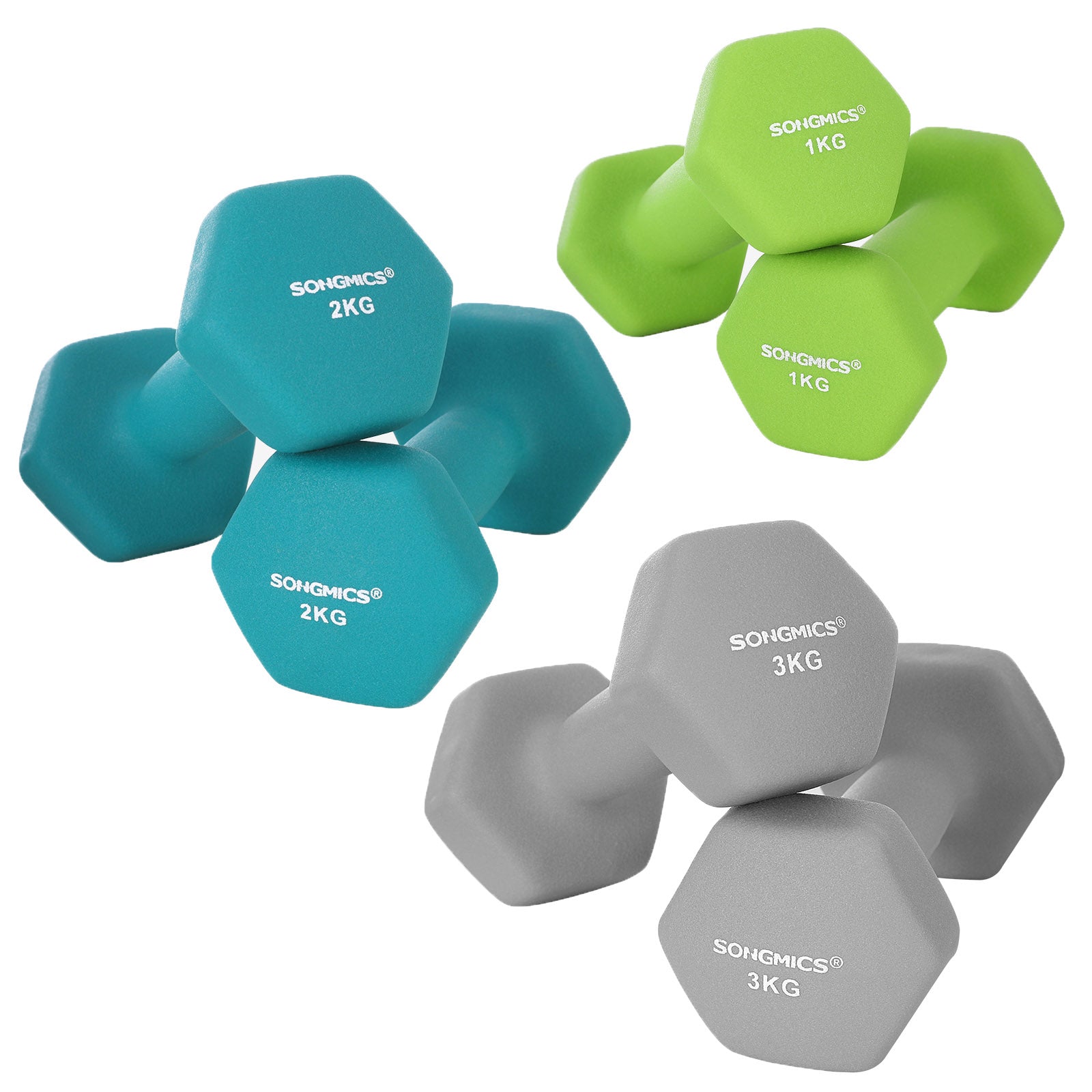 Hex Dumbbells Set with Stand - 2 x 1 kg, 2 x 2 kg, 2 x 3 kg, Lime, Teal and Grey, Neoprene Matte Finish, SONGMICS, 4