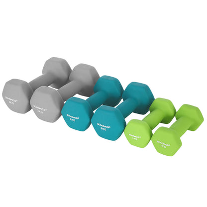 Hex Dumbbells Set with Stand - 2 x 1 kg, 2 x 2 kg, 2 x 3 kg, Lime, Teal and Grey, Neoprene Matte Finish, SONGMICS, 5