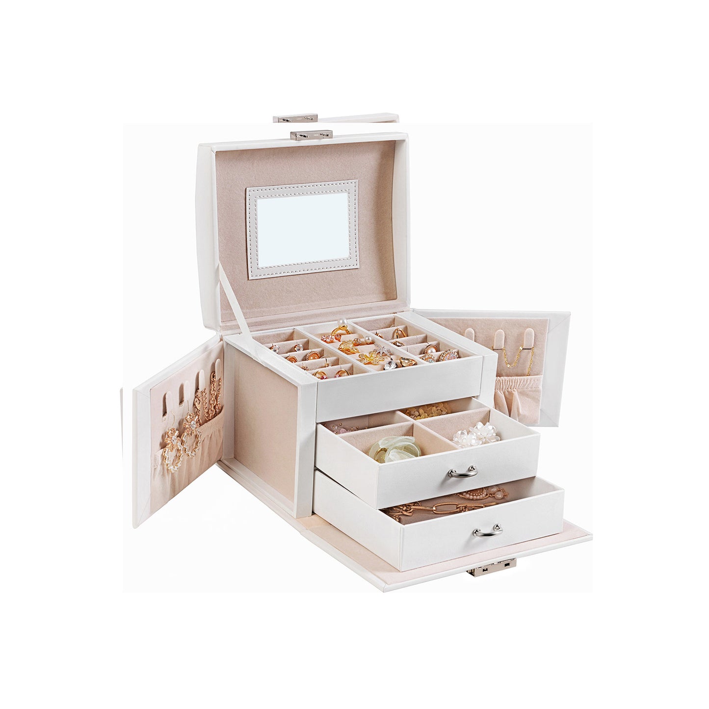 Jewellery Box, 3-Tier, Lockable, Jewellery Organiser, 2 Drawers, Travel Jewellery Case with Mirror, 2