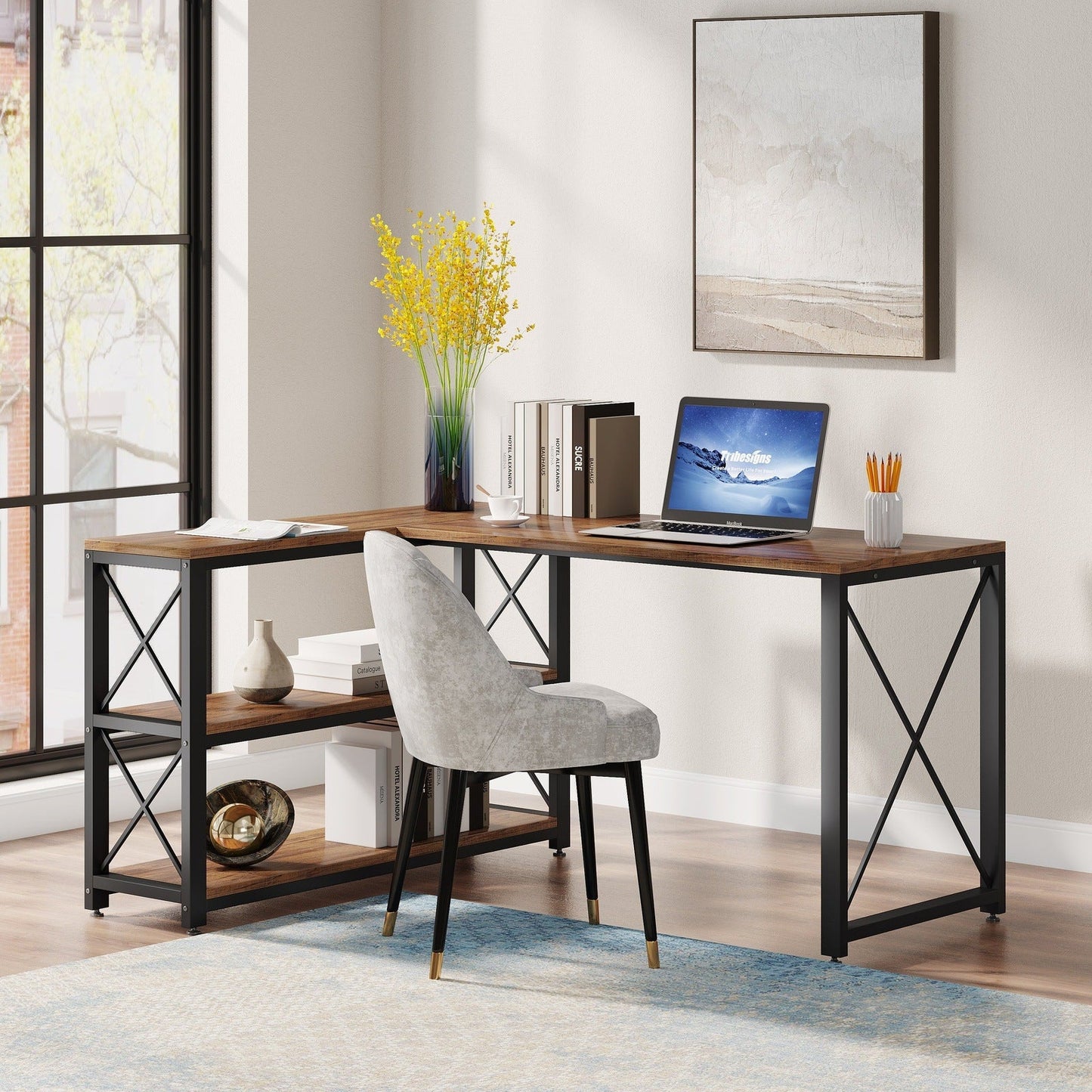 L-Shaped Desk, Reversible Corner Computer Desk with Shelves, Tribesigns, 2