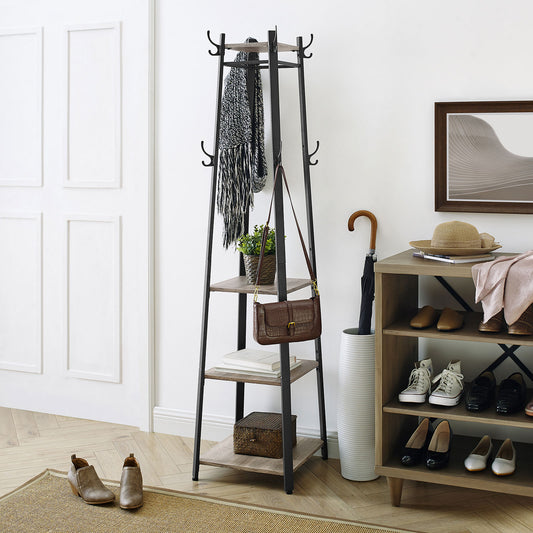 Coat Rack, Coat Stand with 3 Shelves, Ladder Shelf with Hooks for Scarves, Bags and Umbrellas, Steel Frame