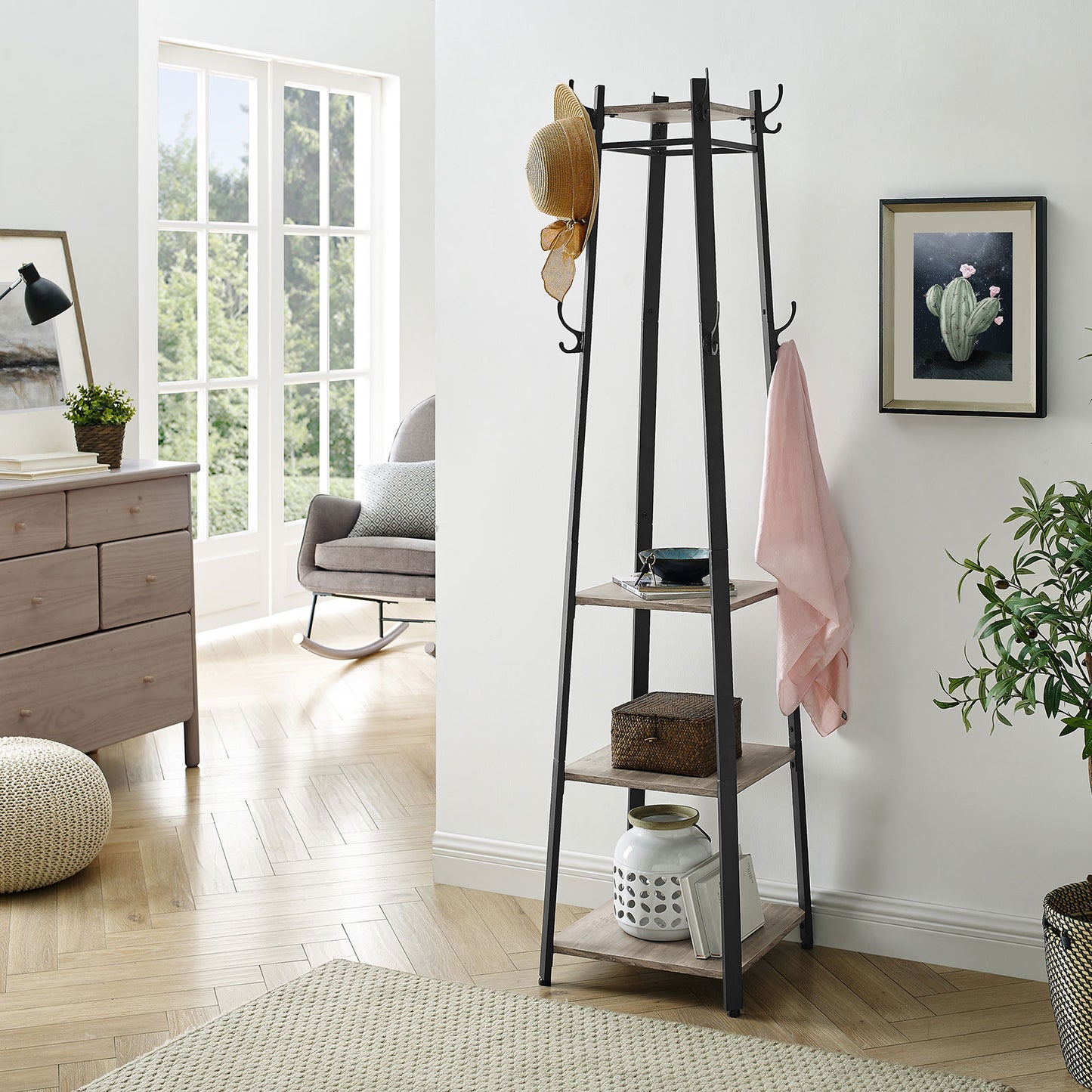 VASAGLE - Coat Rack, Coat Stand with 3 Shelves, Ladder Shelf with Hooks for Scarves, Bags and Umbrellas, Steel Frame, Industrial Style