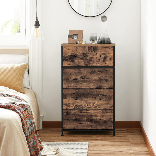 Chest of Drawers, Fabric 5-Drawer Storage Organiser Unit, Wooden Front and Top, Industrial Style Dresser Unit