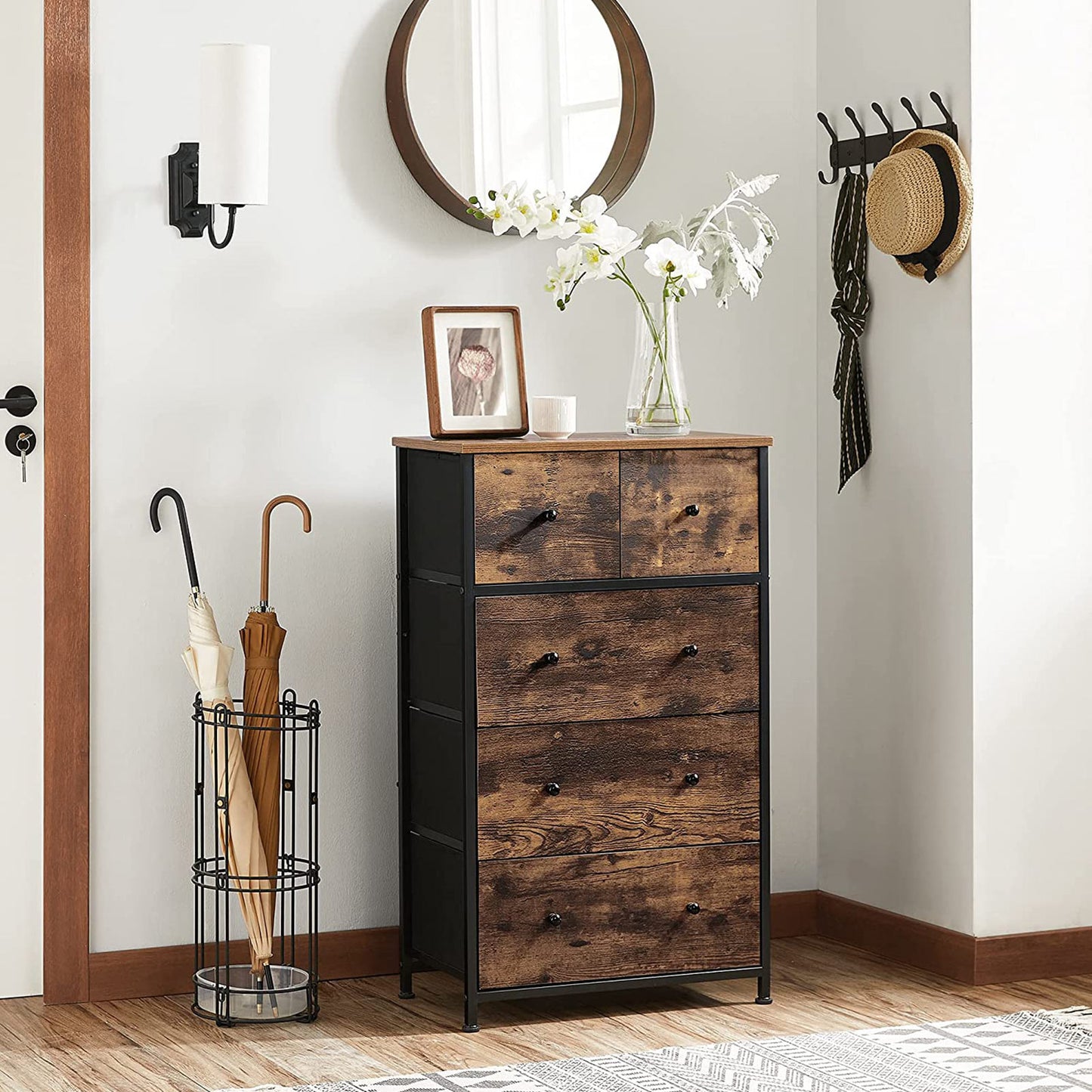 Chest of Drawers, Fabric 5-Drawer Storage Organiser Unit, Wooden Front and Top, Industrial Style Dresser Unit, SONGMICS, 2
