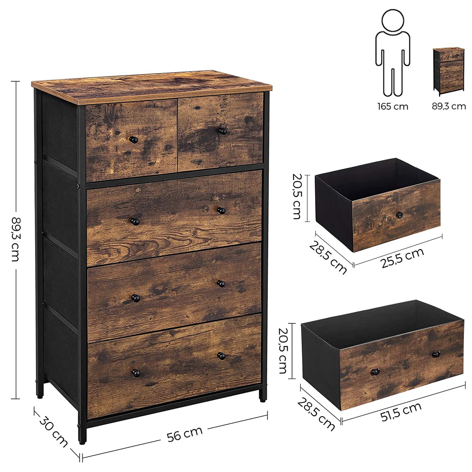 Chest of Drawers, Fabric 5-Drawer Storage Organiser Unit, Wooden Front and Top, Industrial Style Dresser Unit, SONGMICS, 5