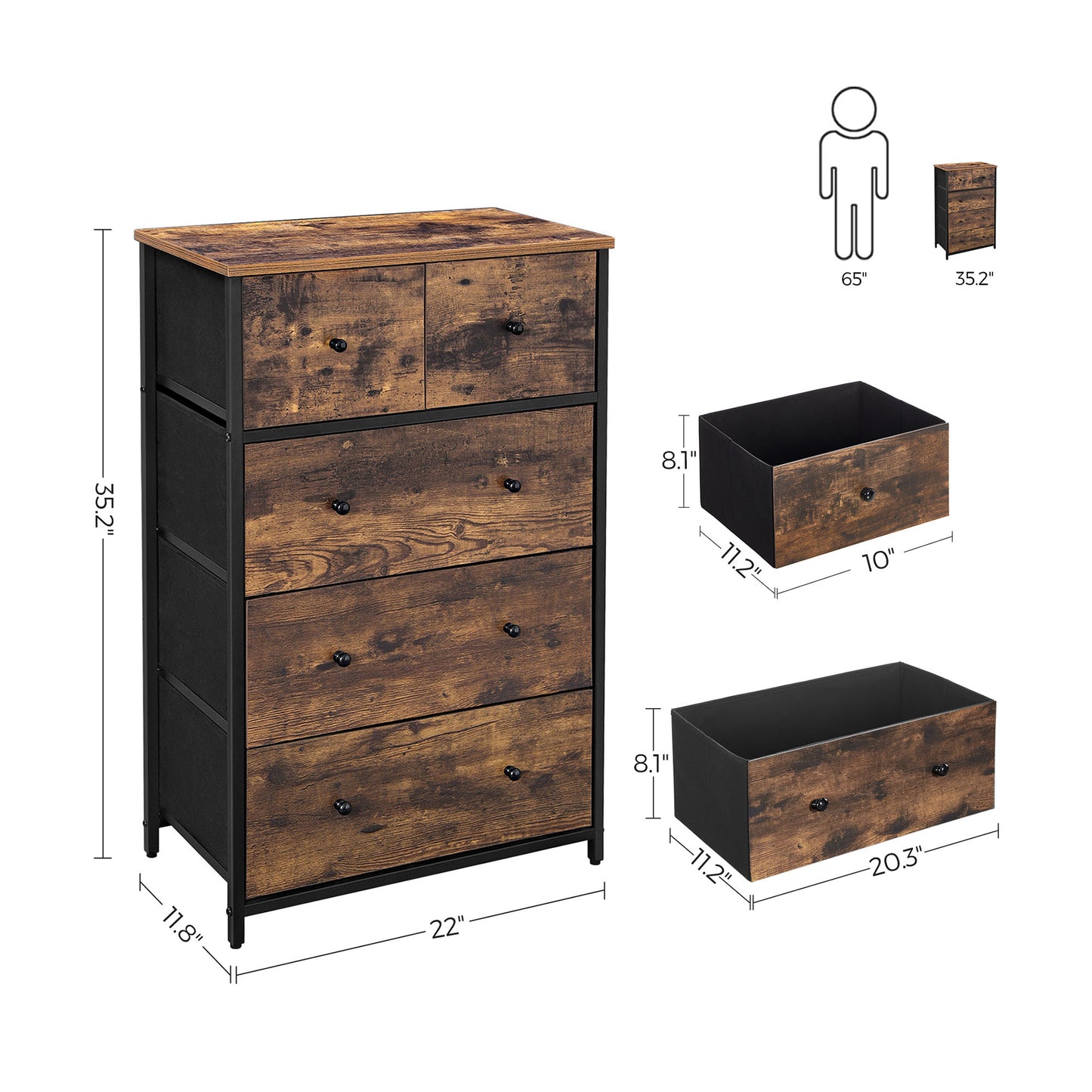 Chest of Drawers, Fabric 5-Drawer Storage Organiser Unit, Wooden Front and Top, Industrial Style Dresser Unit, SONGMICS, 9