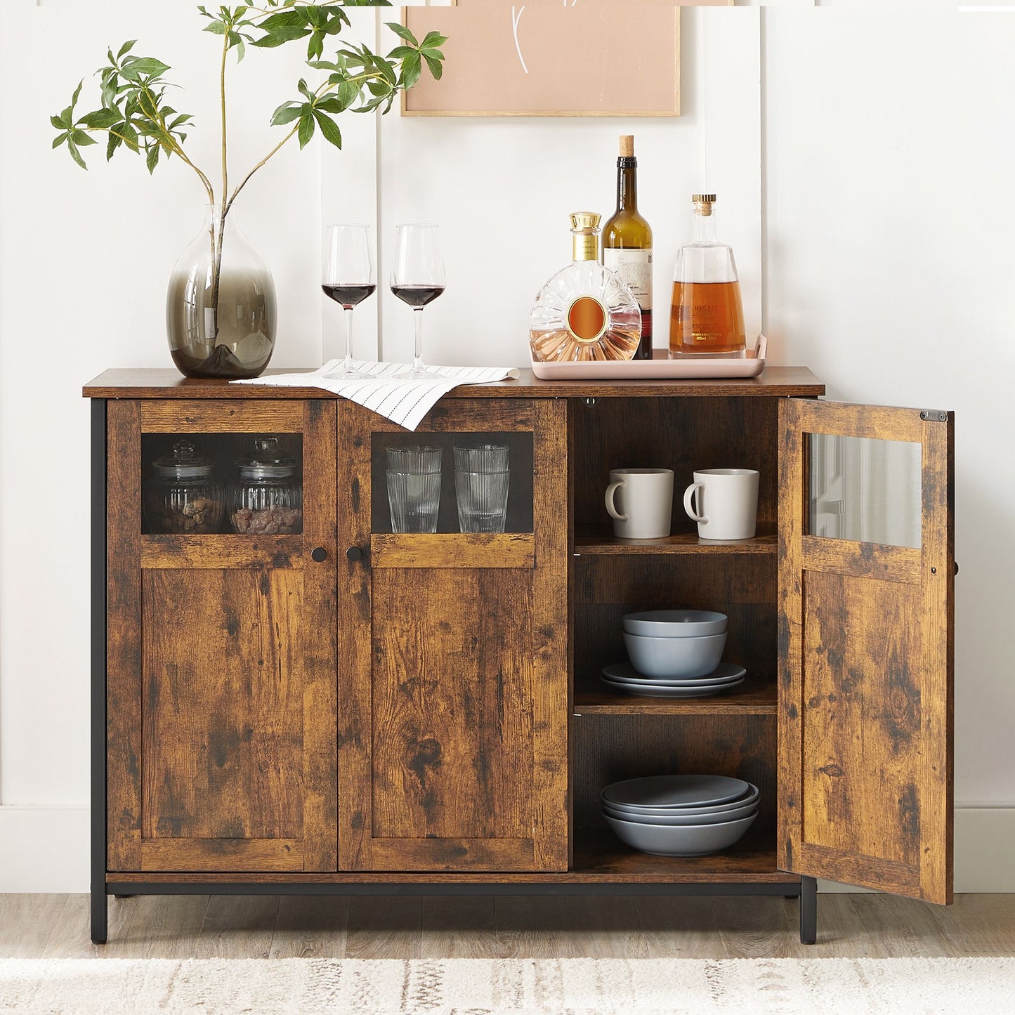 VASAGLE - Sideboard, Buffet Table, Storage Cabinet with Glass Doors, Dining Room, Living Room, Hallway, Kitchen, Steel Frame