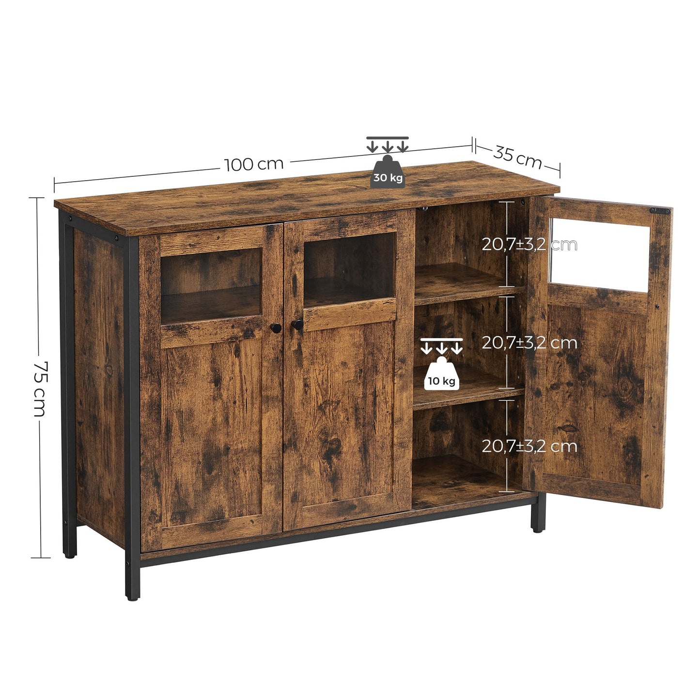 VASAGLE - Sideboard, Buffet Table, Storage Cabinet with Glass Doors, Dining Room, Living Room, Hallway, Kitchen, Steel Frame