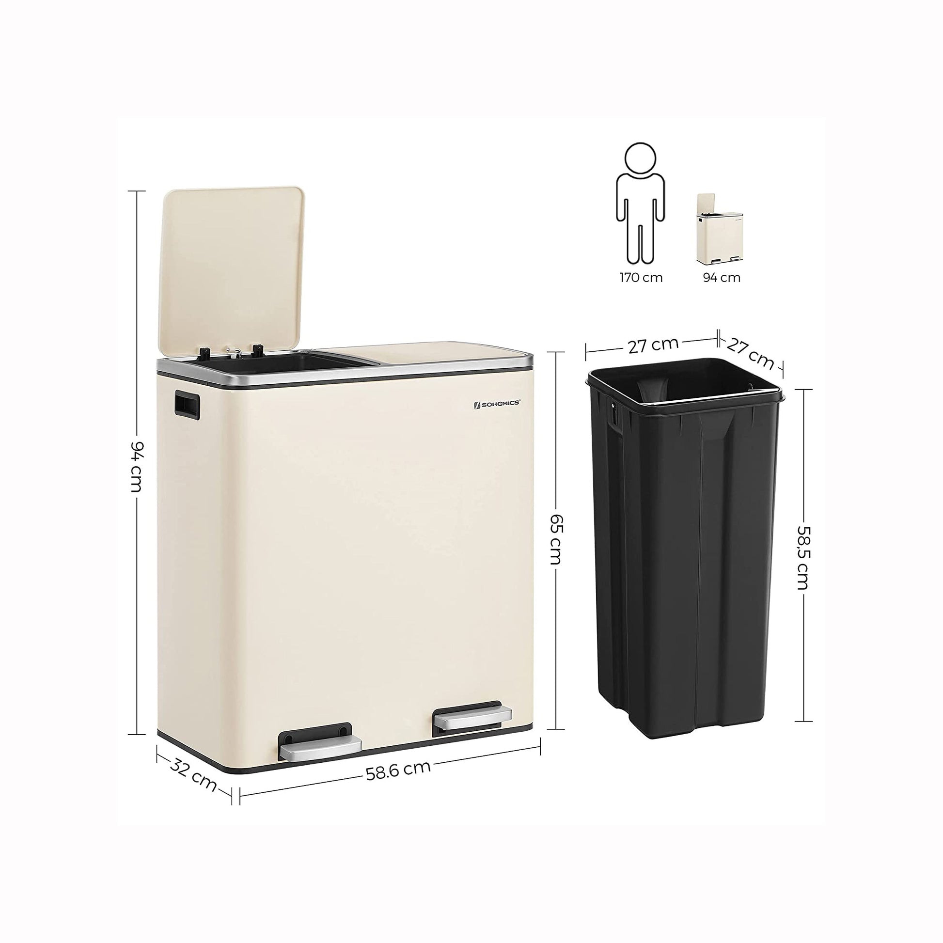 Dual Rubbish Bin, 2 x 30L Recycling Bin, Metal Pedal Bin, with Dual Compartments, Plastic Inner Buckets and Hinged Lids, 7