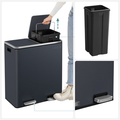 Dual Rubbish Bin, 2 x 30L Recycling Bin, Metal Pedal Bin, with Dual Compartments, 4