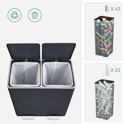 Dual Rubbish Bin, 2 x 30L Recycling Bin, Metal Pedal Bin, with Dual Compartments, 5