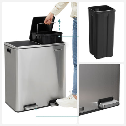 Double Recycle Pedal Bin, 2 x 30L Rubbish Trash Can with Dual Compartment, Fingerprint Proof Stainless Steel, 4
