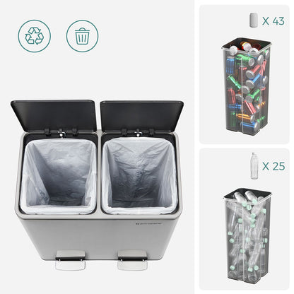 Double Recycle Pedal Bin, 2 x 30L Rubbish Trash Can with Dual Compartment, Fingerprint Proof Stainless Steel, 5