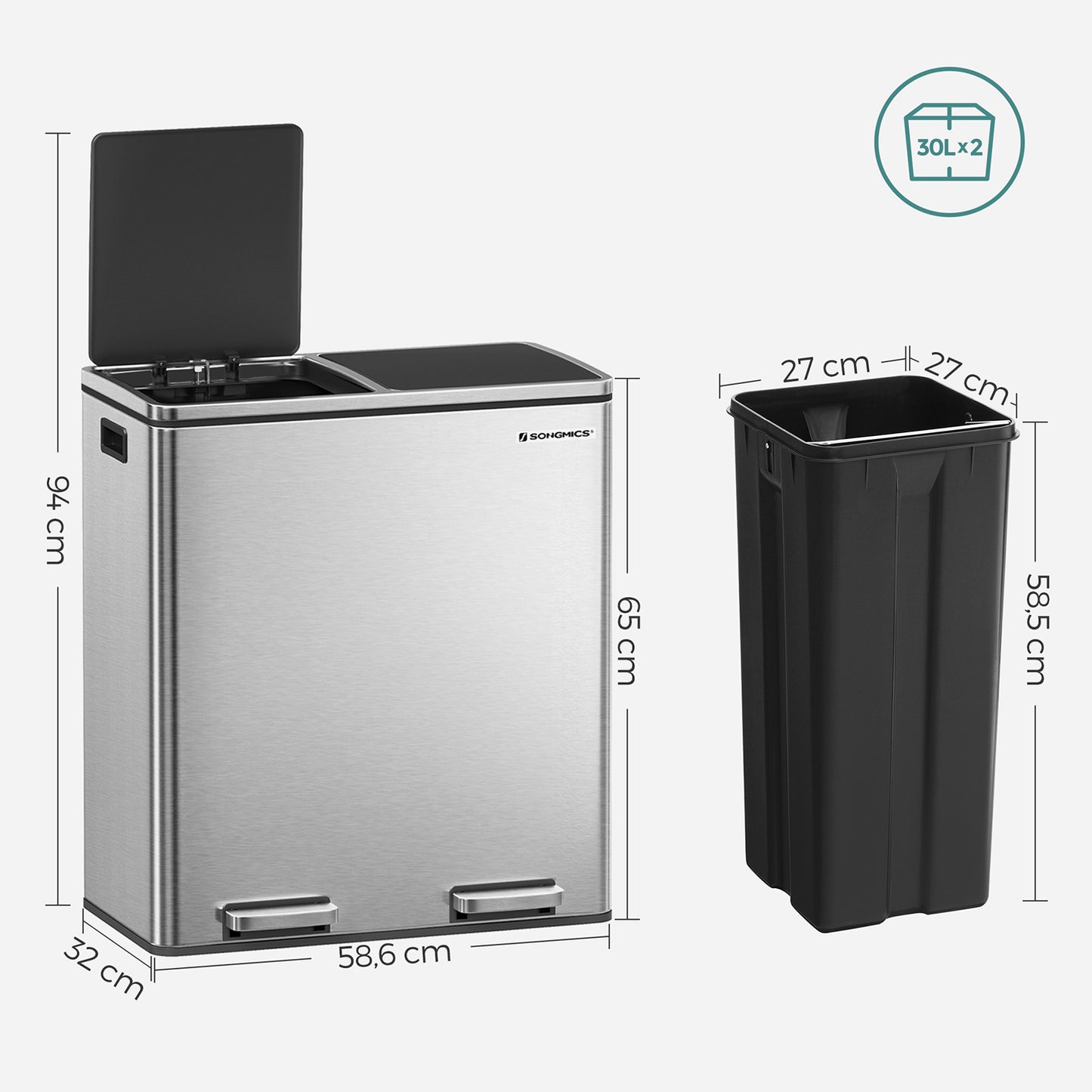 Double Recycle Pedal Bin, 2 x 30L Rubbish Trash Can with Dual Compartment, Fingerprint Proof Stainless Steel, 6