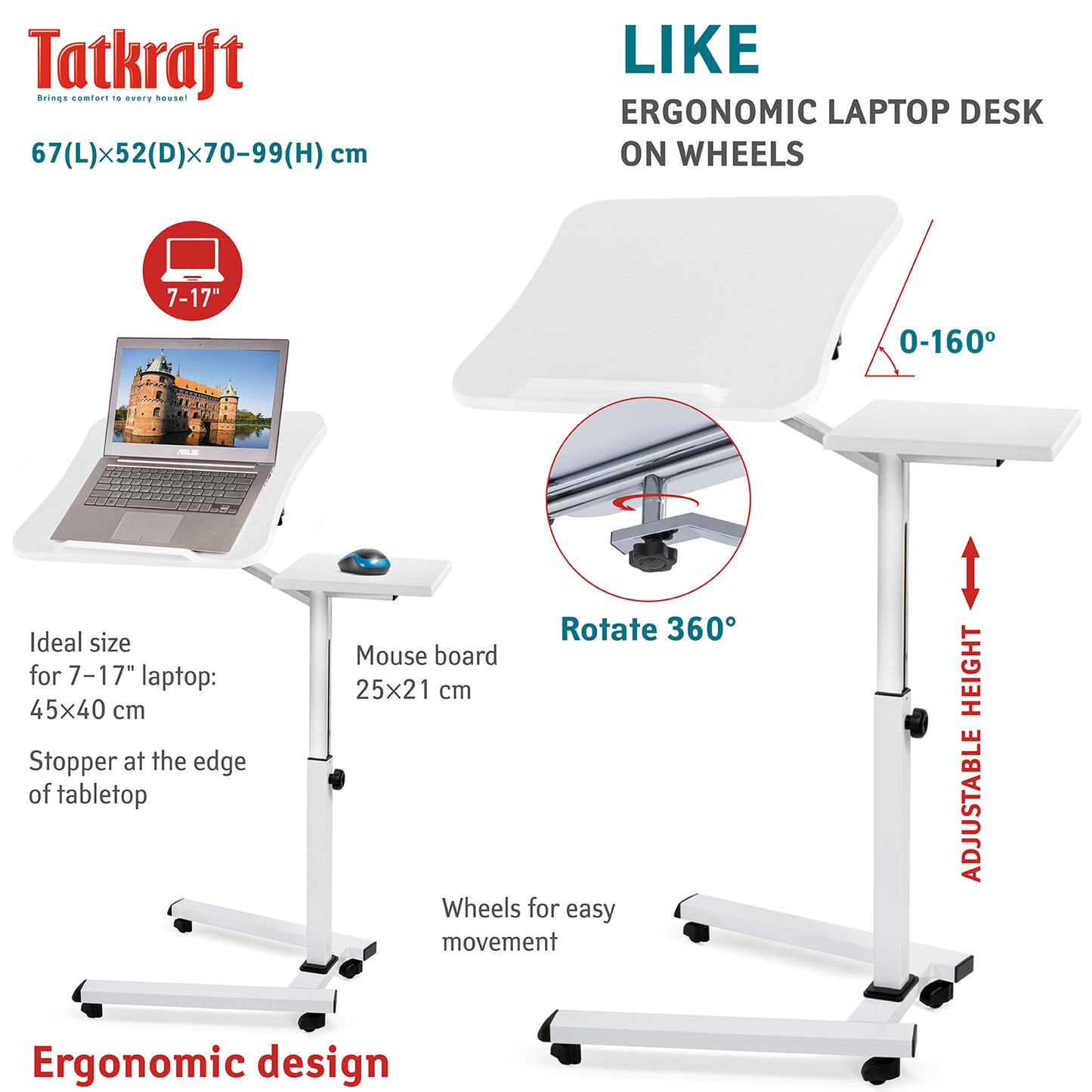 Laptop Table, Portable Laptop Desk, Sofa Desk, Laptop Bed Table, with Mouse Pad, Desk on Wheels, Tatkraft Like, 4