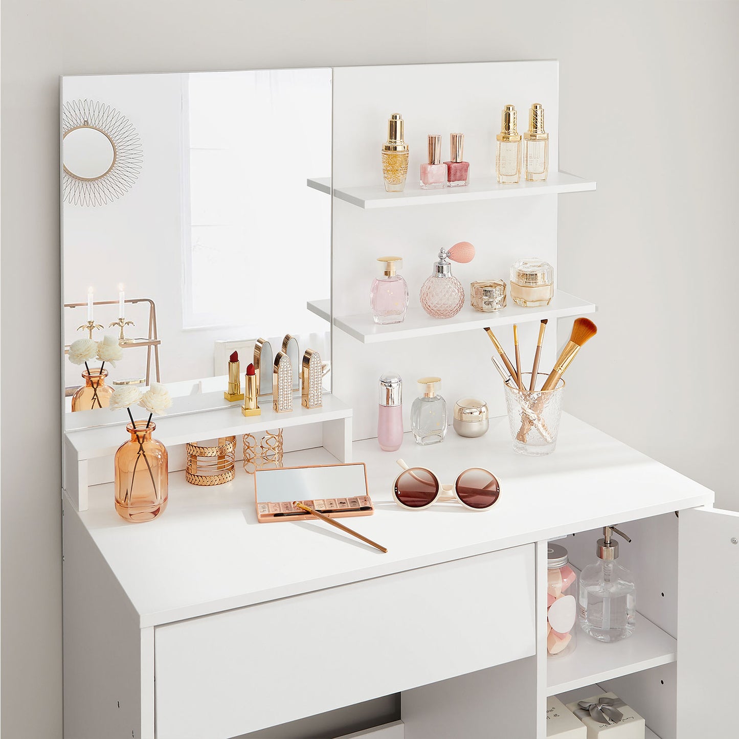 Dressing Table with Tri-Fold Mirror, Makeup Table, with 2 Drawers and 3 Open Compartments, Vanity Table, 5