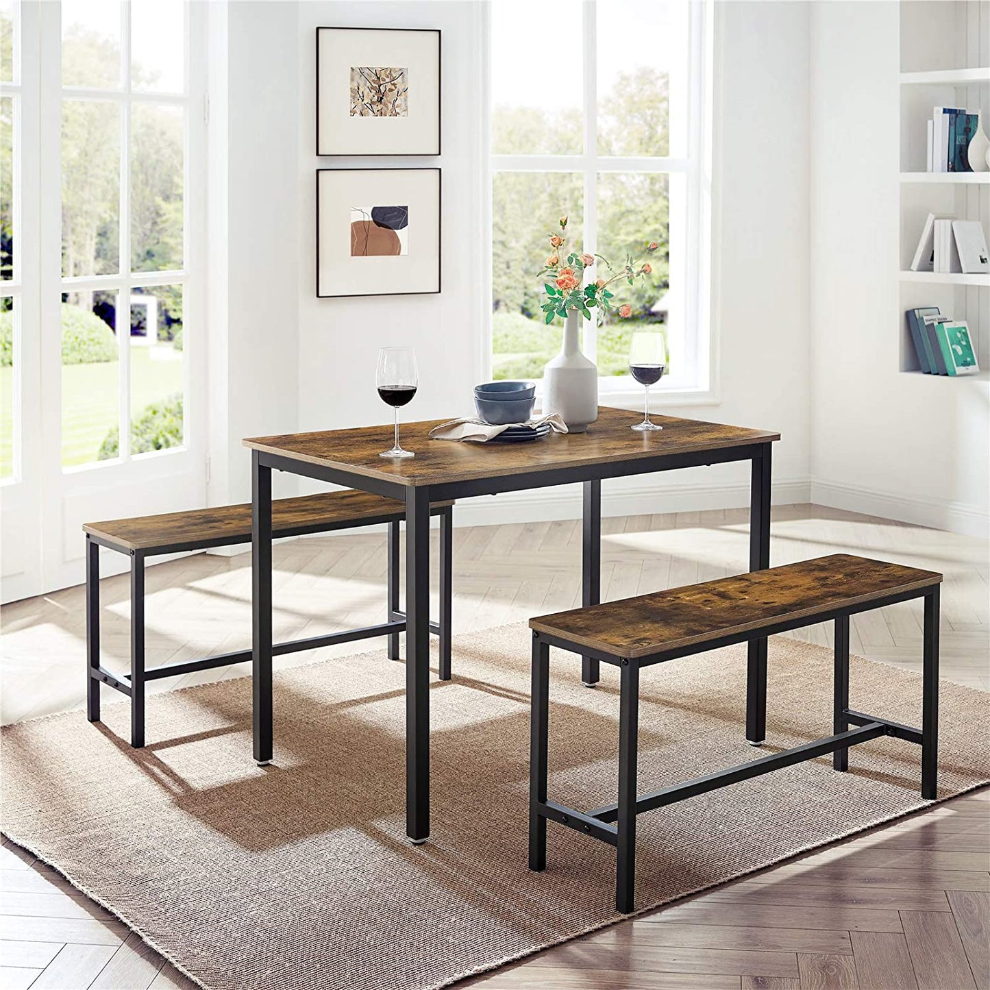 Dining Table with 2 Benches, 3 Pieces Set, Kitchen Table of 110 x 70 x 75 cm, 2 Benches of 97 x 30 x 50 cm Each, VASAGLE, 2
