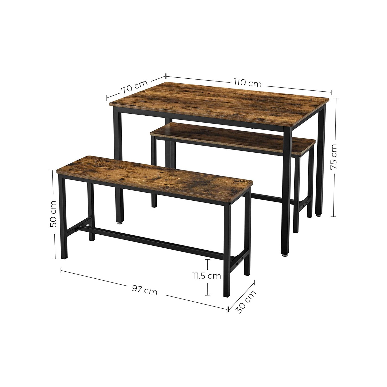 Dining Table with 2 Benches, 3 Pieces Set, Kitchen Table of 110 x 70 x 75 cm, 2 Benches of 97 x 30 x 50 cm Each, VASAGLE, 5