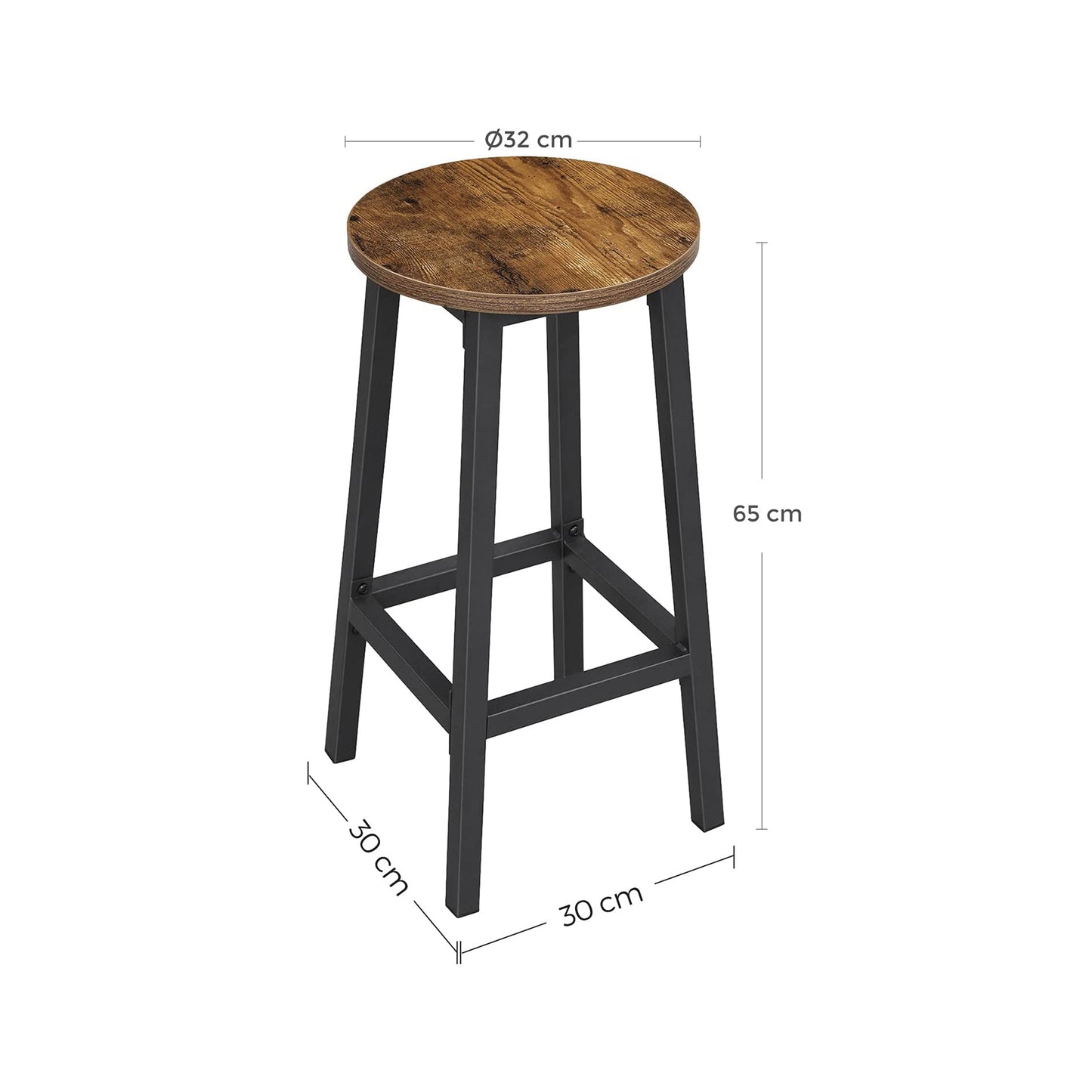 Set of 2 Bar Stools, Tall Kitchen Stools, Sturdy Steel Frame, 65 cm Tall, Easy Assembly, Rustic Brown and Black, VASAGLE, 6