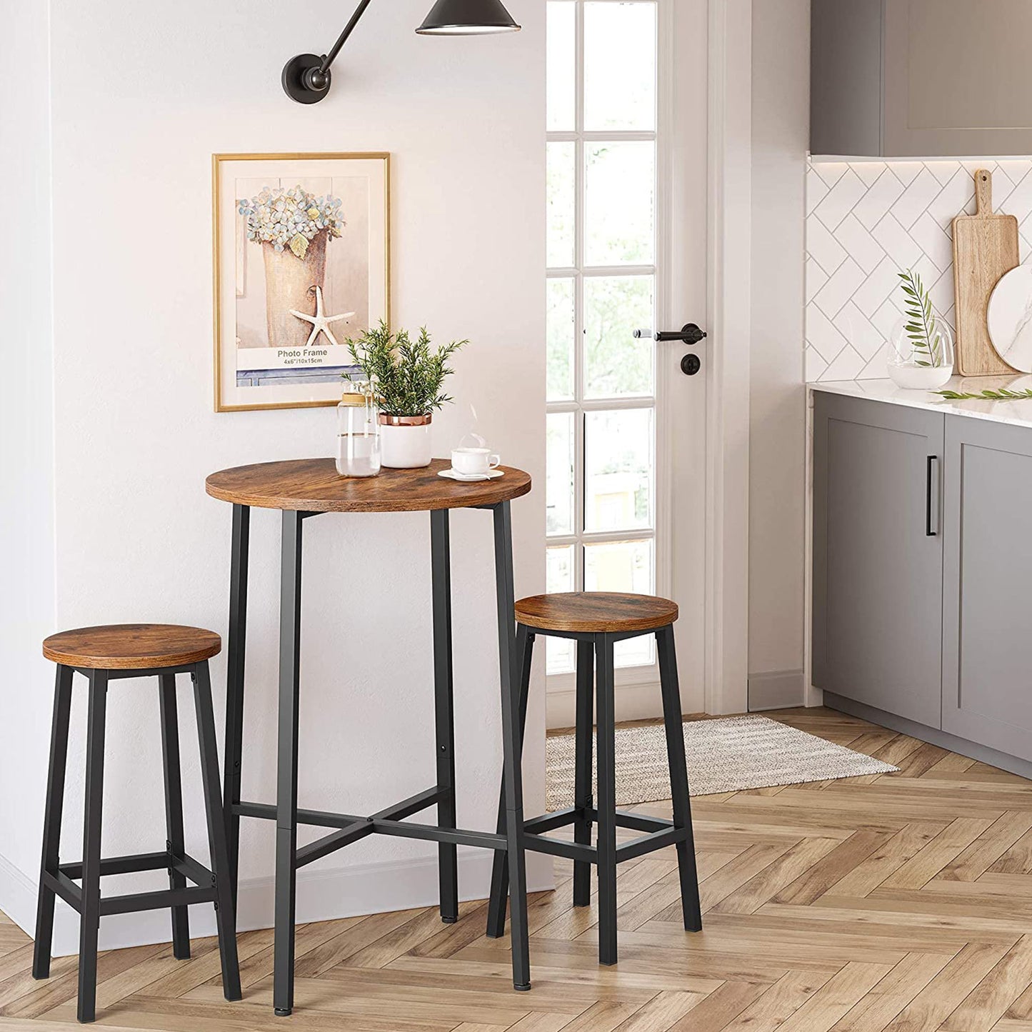 Set of 2 Bar Stools, Tall Kitchen Stools, Sturdy Steel Frame, 65 cm Tall, Easy Assembly, Rustic Brown and Black, VASAGLE, 1