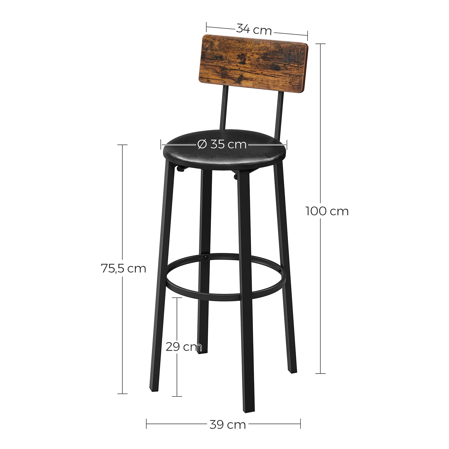 Bar Stools, Set of 2 PU Upholstered Breakfast Stools, 75.4 cm Tall Seat, Footrest, Simple Assembly, 7