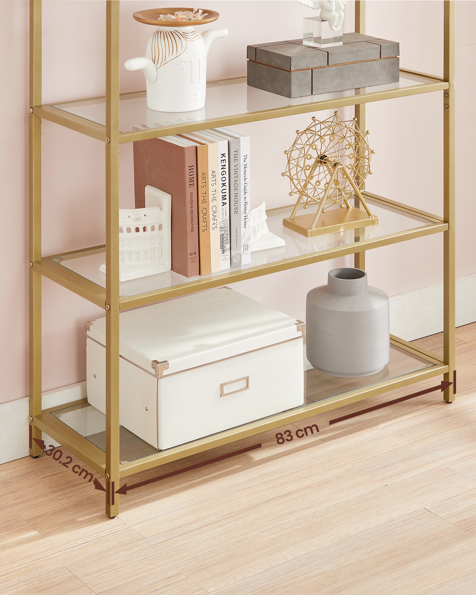 Shelf Unit, 5-Tier Ladder Shelving Unit, Slim Glass Shelf for Bedroom, Gold Colour, VASAGLE, 3