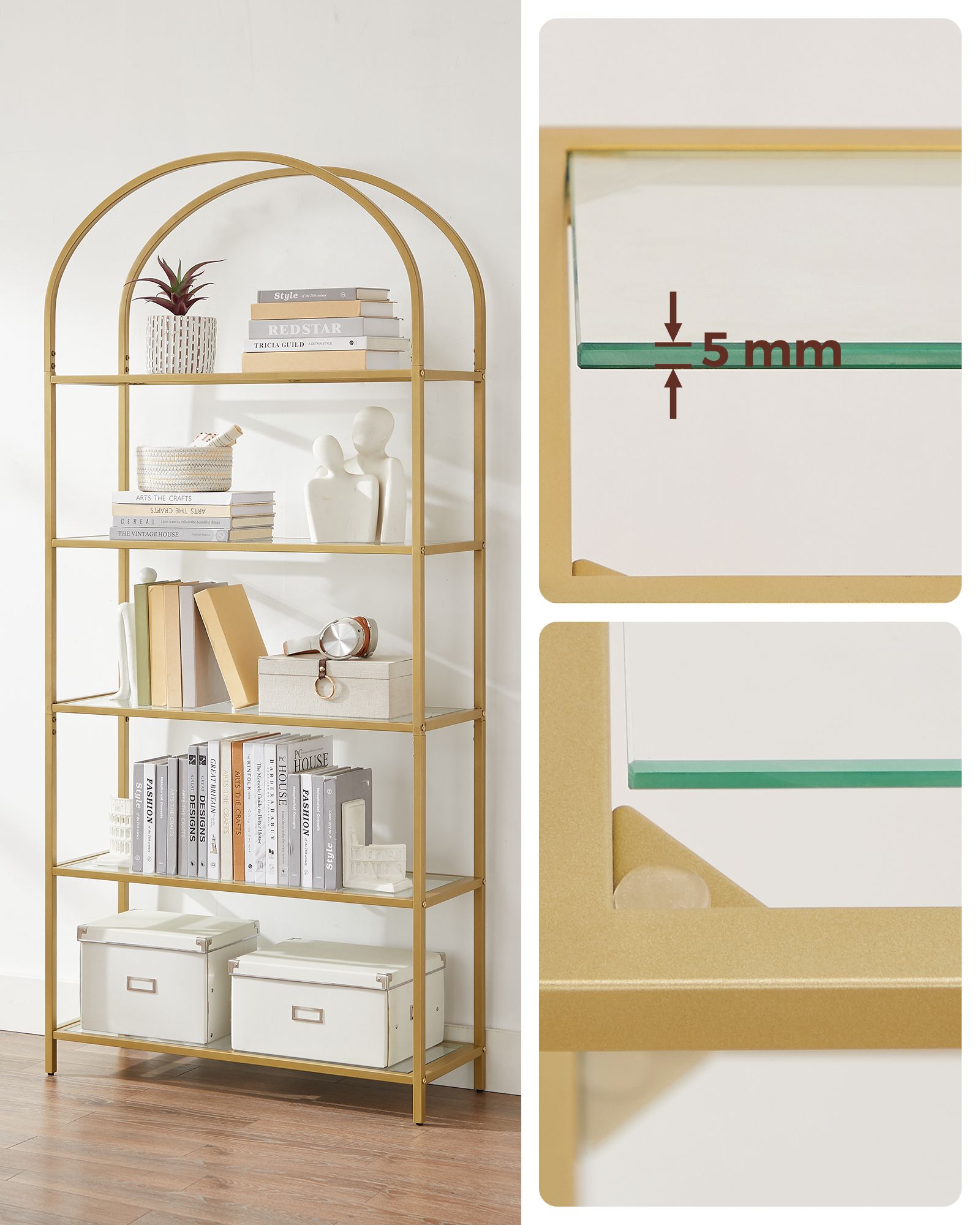 Shelf Unit, 5-Tier Ladder Shelving Unit, Slim Glass Shelf for Bedroom, Gold Colour, VASAGLE, 5