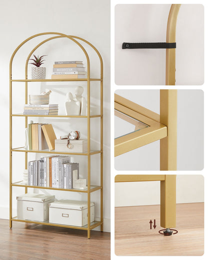 Shelf Unit, 5-Tier Ladder Shelving Unit, Slim Glass Shelf for Bedroom, Gold Colour, VASAGLE, 6