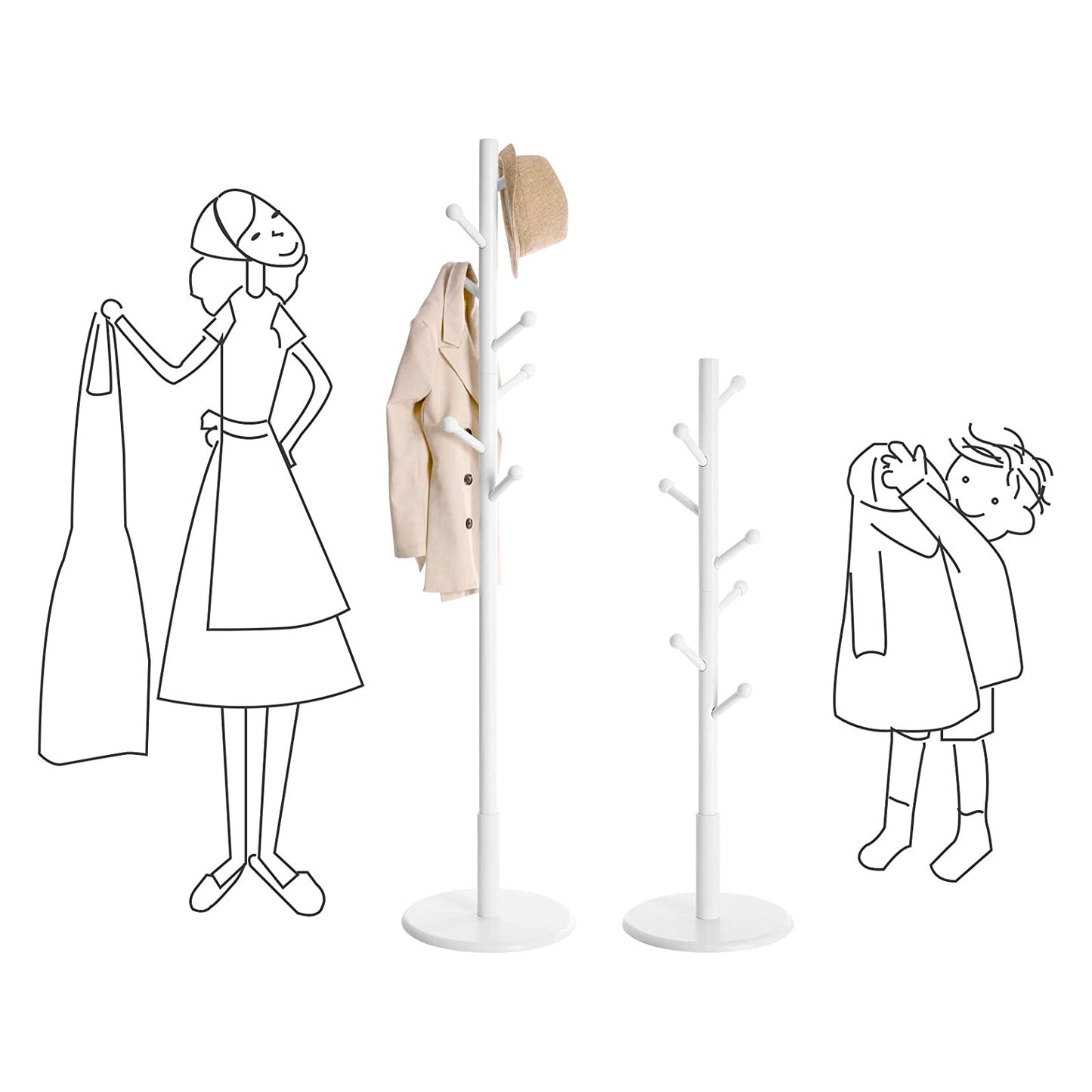 Coat Rack Free Standing Coat Tree with 7 Rounded Hooks, Wood Hall Tree, Entryway Coat Stand for Clothes, Hats, Purses