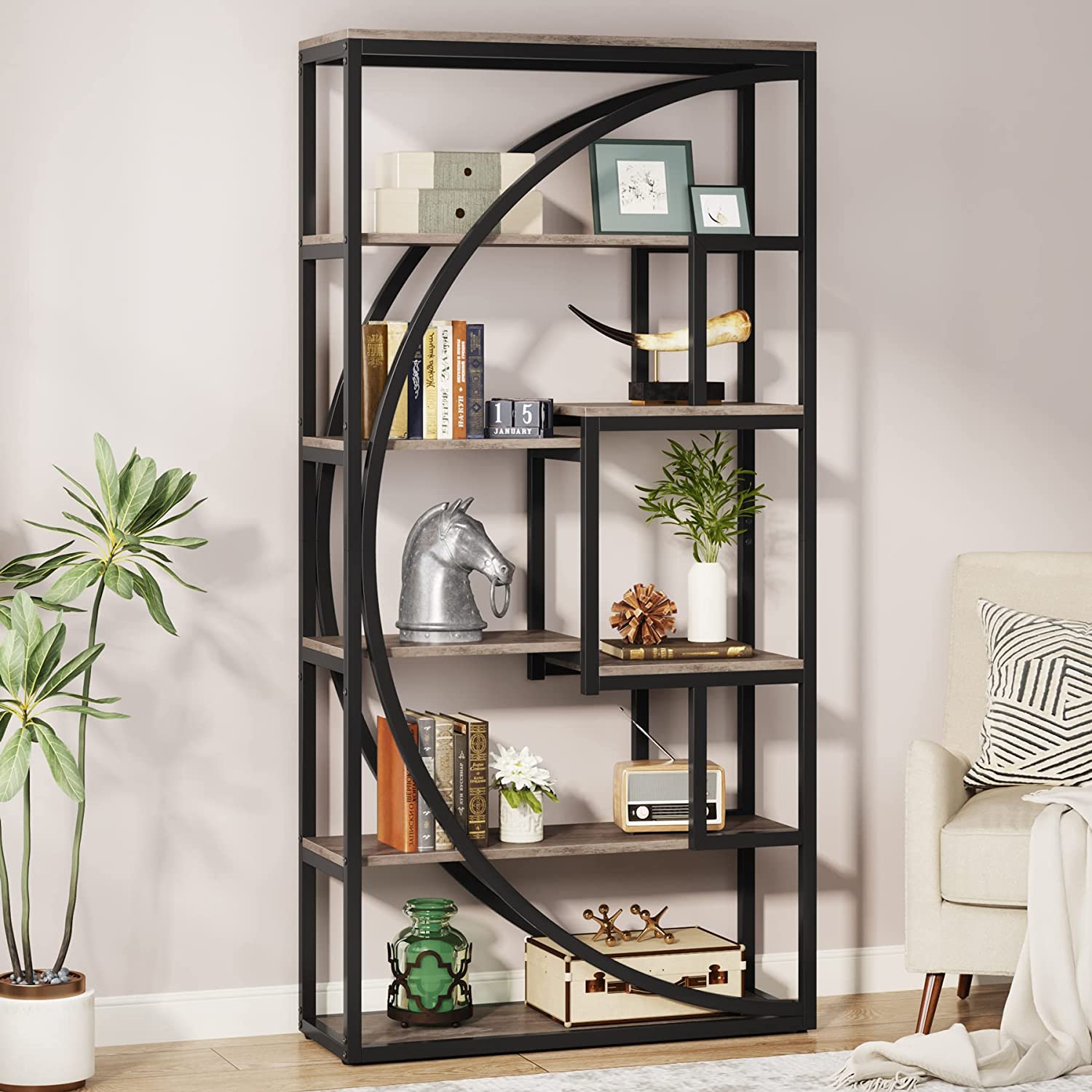 Bookshelf, Industrial Bookcase with 8 Open Storage Shelf, Tribesigns, 1