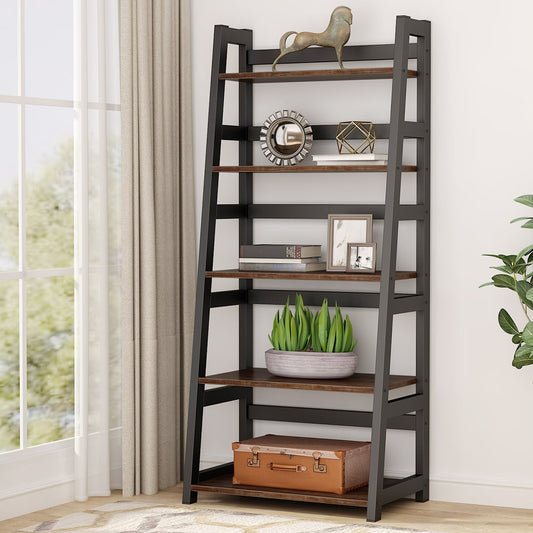 Bookshelf, 5-Tier Ladder Bookcase Etagere Storage Shelf, Retro Brown, Tribesigns, 1